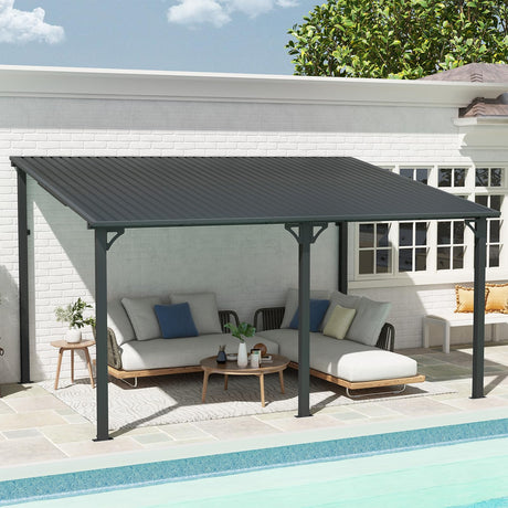 SUNSITT 10'x 14' Gazebo, Outdoor Lean to Gazebo Pergola w/Drainage Holes, Wall-Mounted Gazebo with Hard Top Metal Awnings for Patio Backyard Deck, Dark Grey SUNSITT