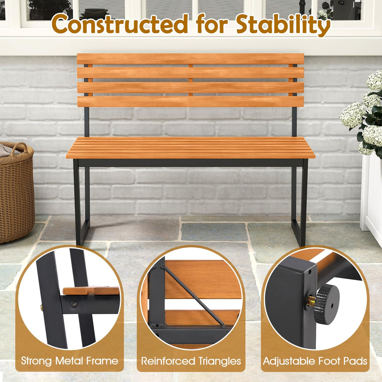 Giantex Outdoor Bench, 43"×22"×33" Acacia Wood Patio Loveseat with Backrest, Heavy Duty Metal Frame, 800 lbs Weight Capacity, 2-Person Garden Bench for Lawn, Porch, Yard and Park Giantex