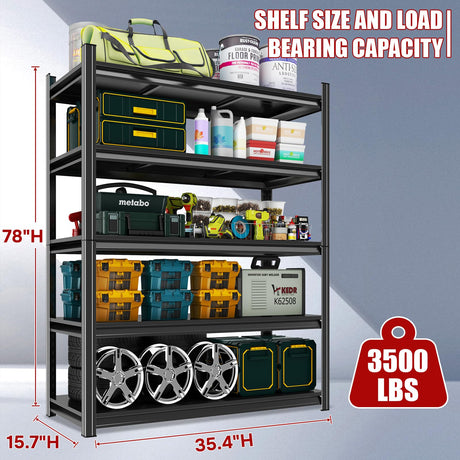78"H,Heavy Duty 5-Tier Steel Garage Shelving Unit | 3500LB Capacity| Garage & Basement Storage | Industrial-Grade Metal Shelving for Warehouses & Workshops | Adjustable, Rust-Resistant, Black Metallitrend
