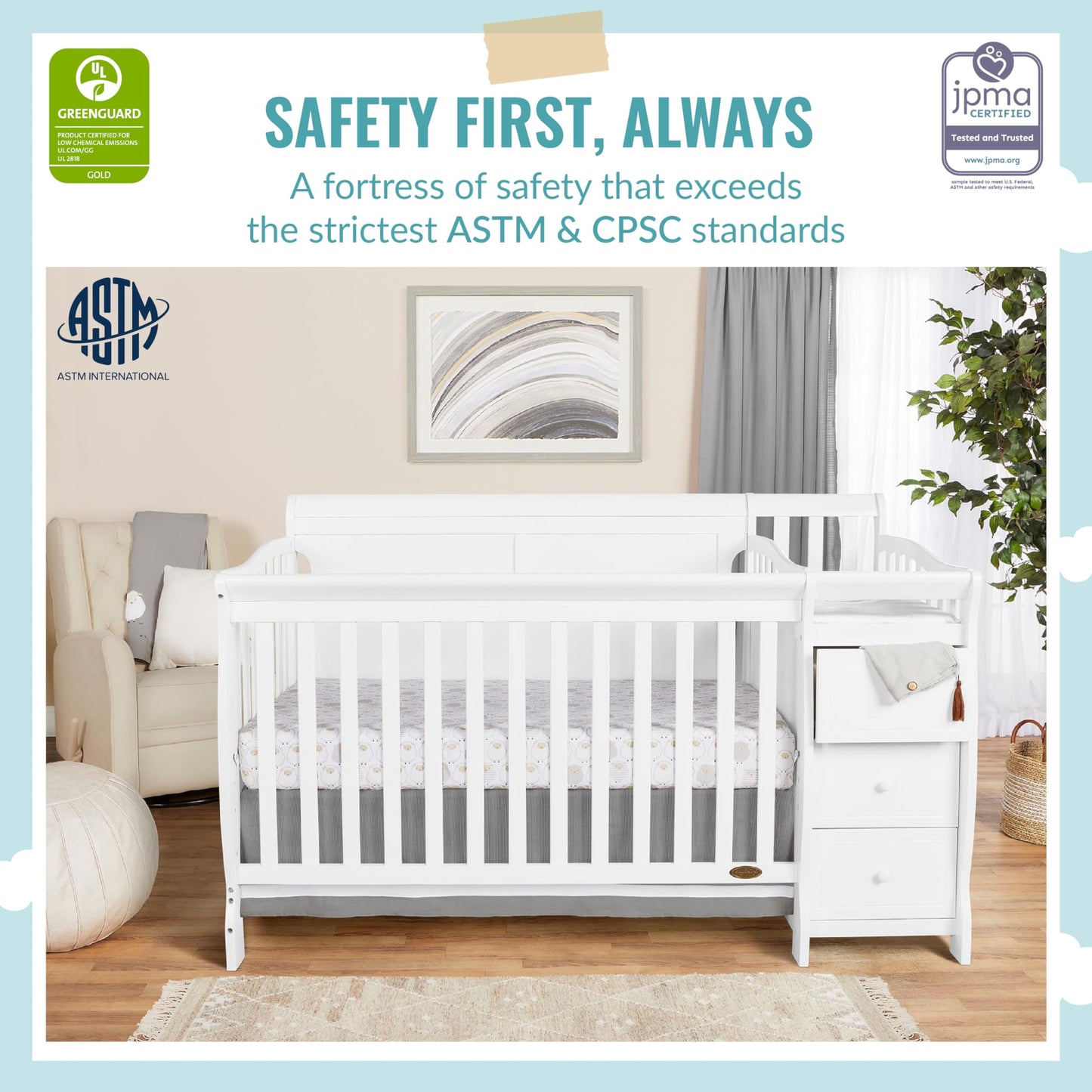 Dream On Me 5-in-1 Brody Full Panel Convertible Crib in White with Changer, Spacious Drawers, Detachable Changing -Table, 1''Changing Pad