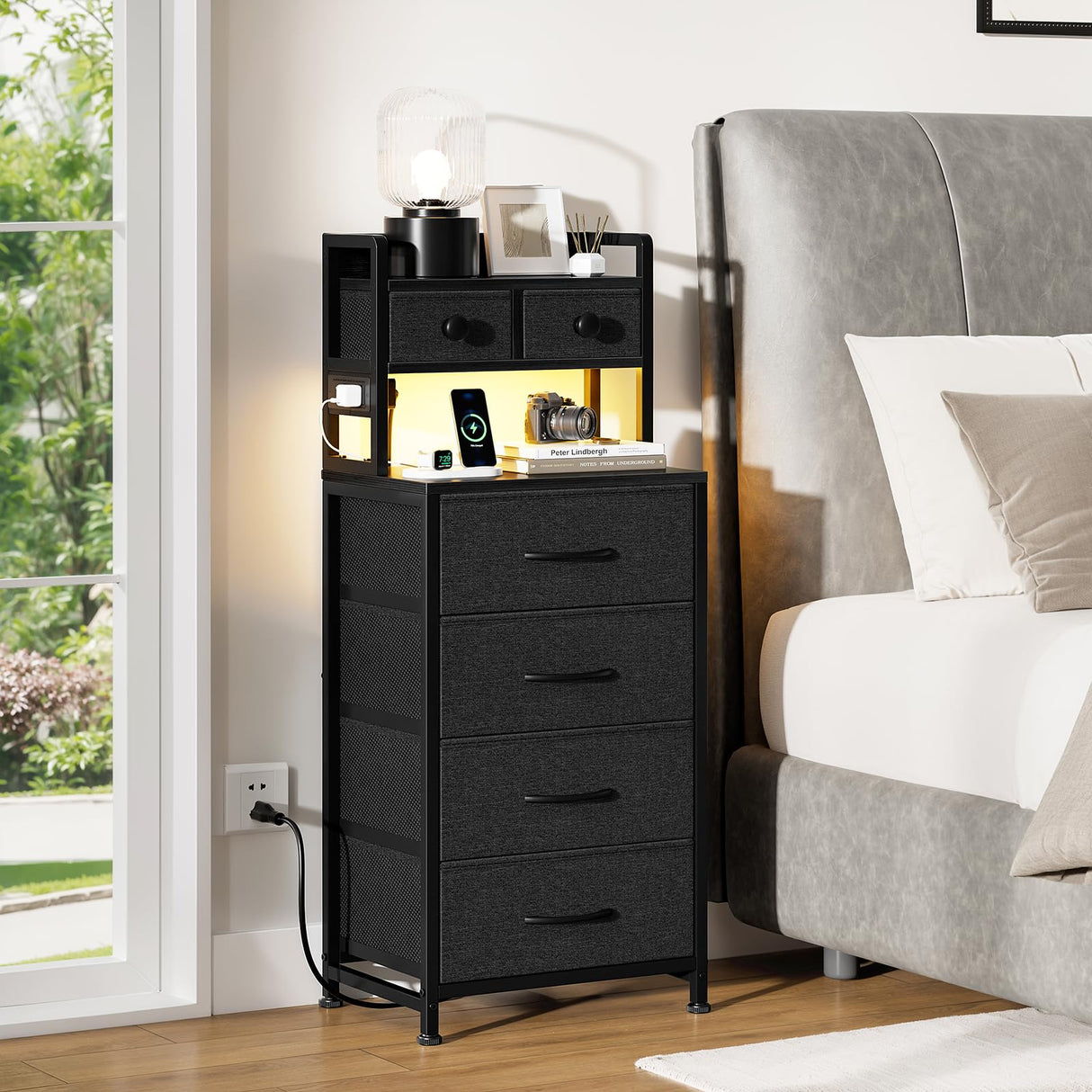 REAHOME 41 Inch Tall Nightstand with Charging Station, LED Night Stand with 6 Fabric Drawers, Bed Side Table with 3-Tier Wood Storage Shelves for Bedroom, Office, Small Spaces, Dark Gray REAHOME