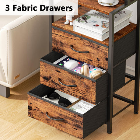 Furnulem Night Stand, Tall Nightstand with 4-Tier Shelves and 3 Fabric Drawers, LED Bed Side Tables with Charging Station, Bedside Table for Bedroom, Hallway, Office, Rustic Brown Furnulem