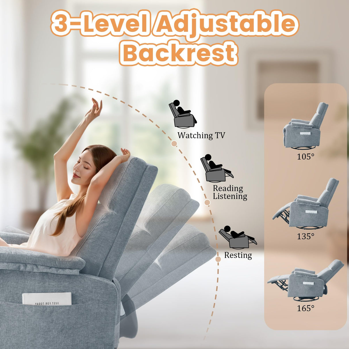 Korser Recliner Chairs, Swivel Rocking Recliner Chair for Adults, Glider Rocking Chair, Small Nursery Chair Recliner for Living Room, Reclining with Modern-Designed Armrests, Chenille, Blue Korser