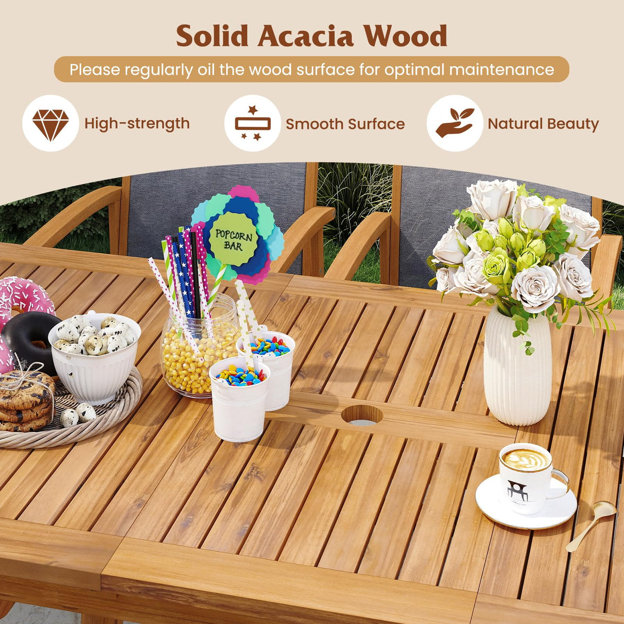 Tangkula 9 Pieces Acacia Wood Patio Dining Set for 6-8, Outdoor Expandable Table and Chairs Set with 1.97" Umbrella Hole and Breathable Fabric for Garden, Lawn, Yard and Poolside Tangkula