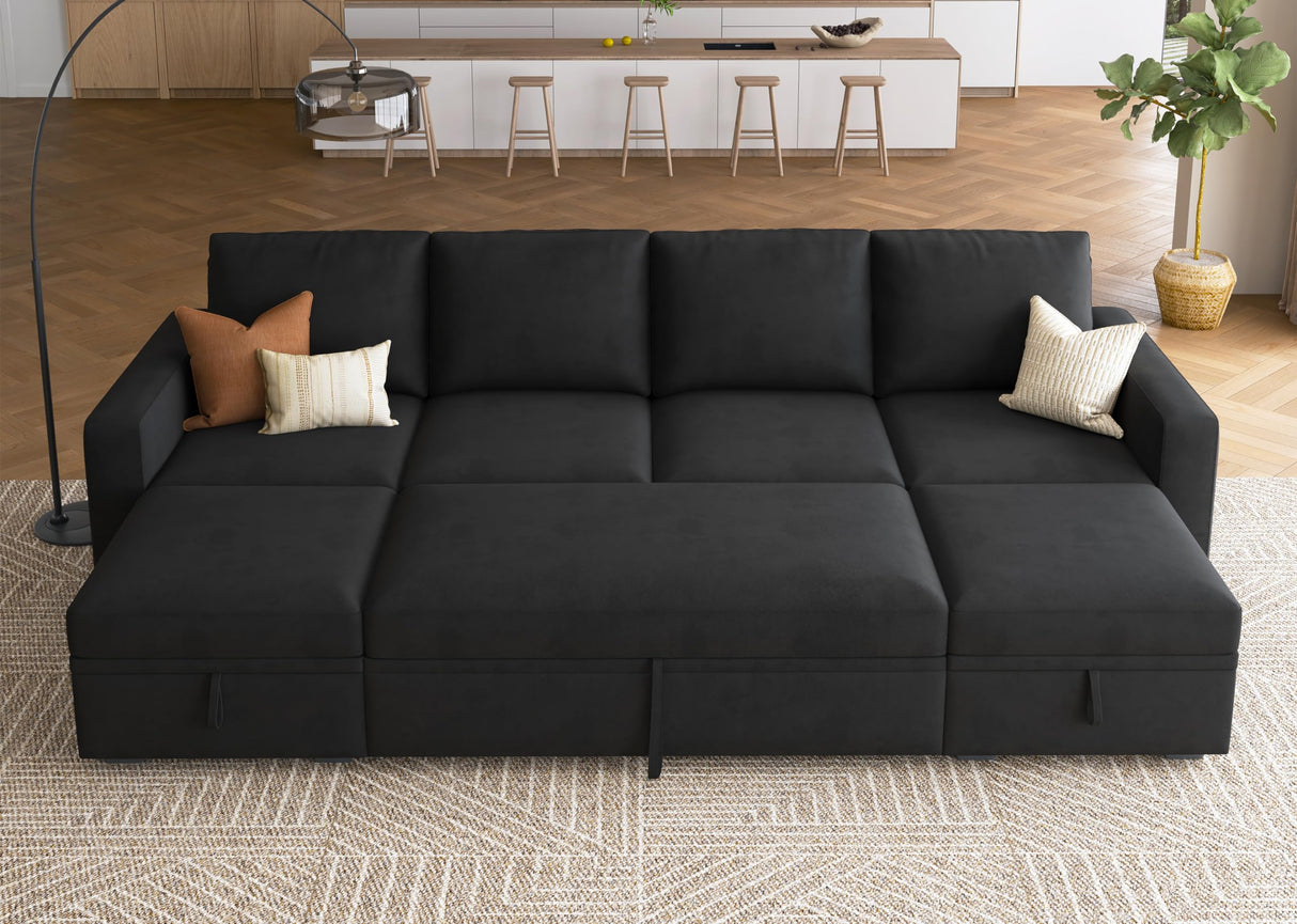HONBAY Modular Sectional Sleeper Sofa Bed, Velvet Sectional Couch with Pullout Bed U Shaped Modular Couch with Storage Ottoman for Living Room, Black HONBAY