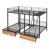 Merax Full Over Twin & Twin Triple Bunk Bed, Black Metal Bed Frame with Drawers and Guardrails Merax