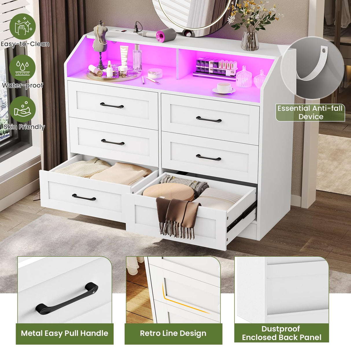 Hasuit White Dresser for Bedroom with LED Lights and Charging Station, Modern Wood 6 Drawers Storage Tower Clothes Organizer, Large Capacity Chest of Drawers Storage Cabinet for Bedroom, Living Room Hasuit