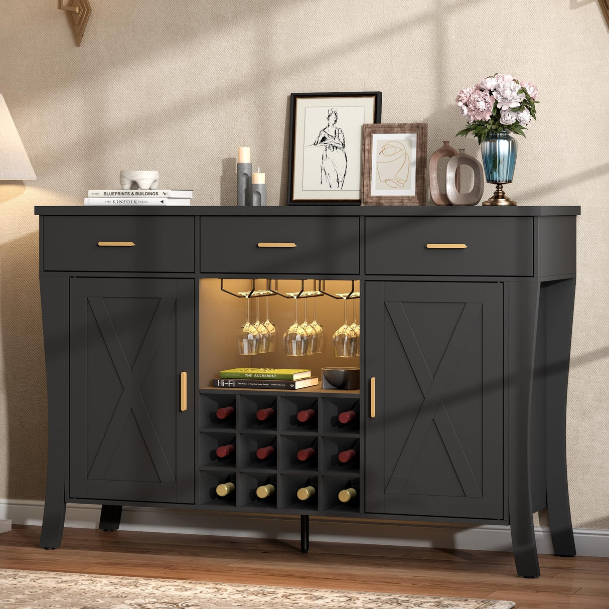 Wine Bar Cabinet with LED Light,Farmhous Liquor cabinet with Wine and Glass Rack,Coffee Station with Storage cabinet and 3 drawers,Buffet Sideboard with Arc Design for Kitchen,living room (Black) Gyfimoie