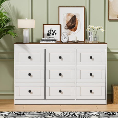 PAKASEPT 9 Drawers White Dresser, Farmhouse Dresser for Bedroom Wide Chest of Drawers, Wood Storage Dresser Chest Organizers for Living Room, Entryway, Hallway PAKASEPT