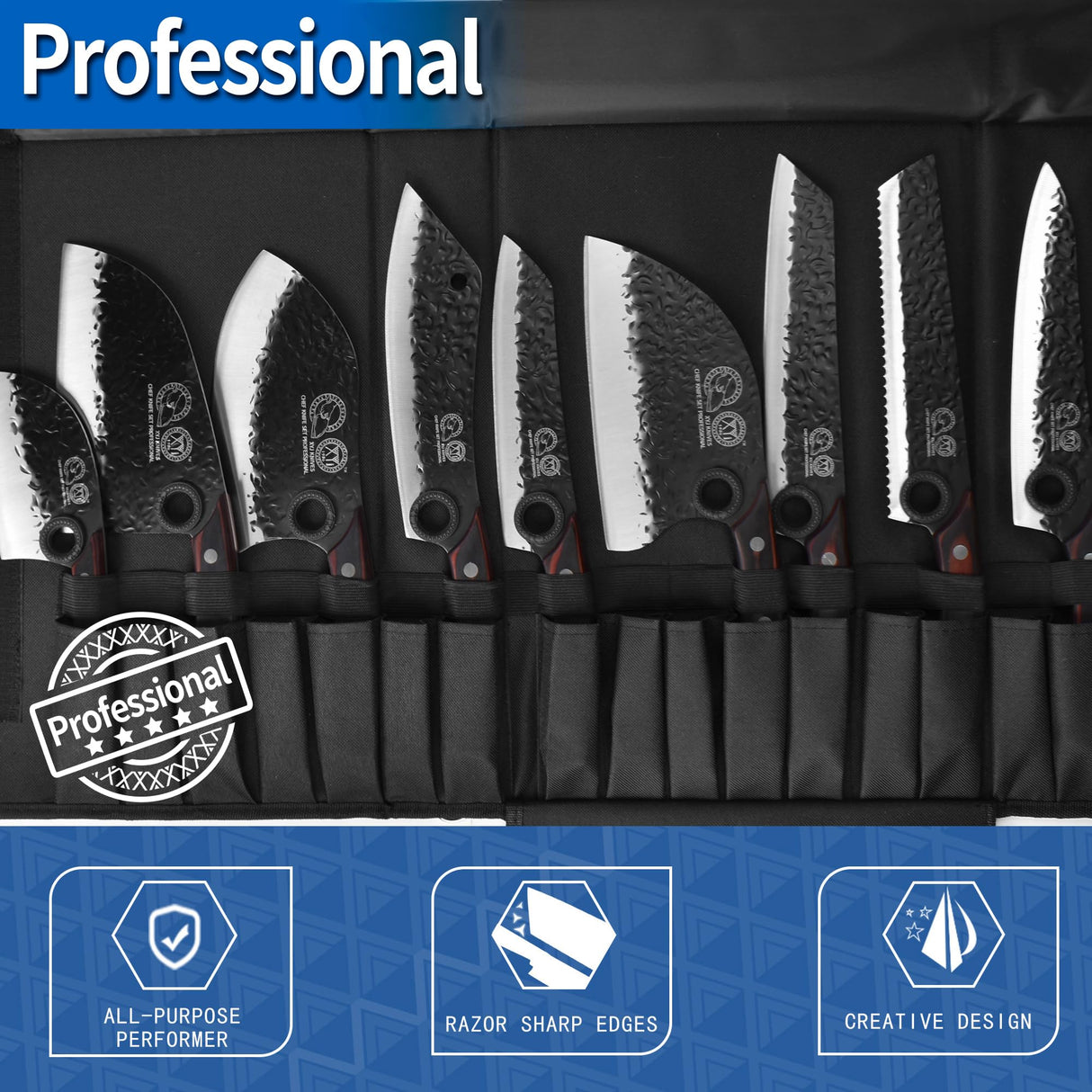XYJ Professional Serbian Chef Knife Set with Roll Bag, Japanese Culinary Knives, Meat Cleaver, Kitchen Chopping Knife, and Protective Sleeves, Perfect for Home Cooking or Outdoor Camping (13) XYJ