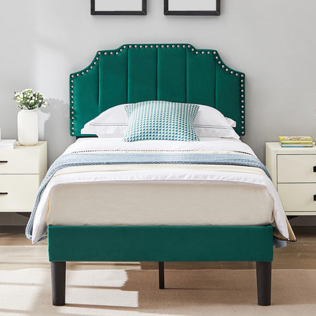 VECELO Twin Upholstered Platform Bed Frame with Tufted Adjustable Headboard/Mattress Foundation/Wood Slat Support,Easy Assembly,Dark Green VECELO