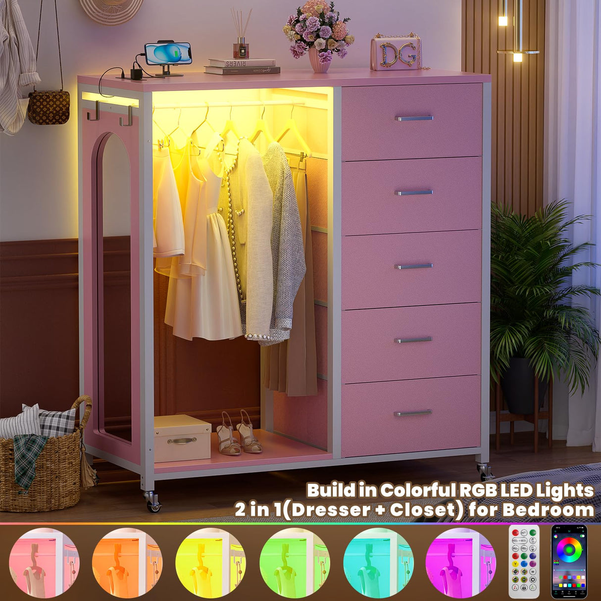 Cyclysio Dresser for Bedroom with Clothes Rack & Mirror, Pink 5 Drawers Dresser with Charging Station & LED Lights, Rolling Chest of Drawers with Wheels, Full Length Mirror, Wooden Top,Bedroom,Closet Cyclysio