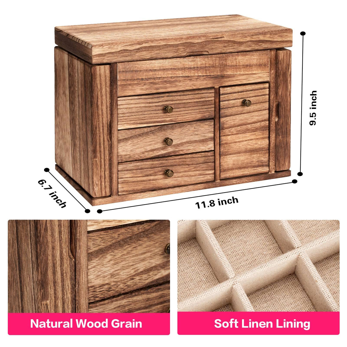 Poyilooo Jewelry Box Organizer, Solid Wood Jewelry Boxes for Women for Storage & Display Necklace Ring Earring Bracelet, Rustic Style Jewelry Organizer Box for Women Gifts (Carbonized Brown) Poyilooo