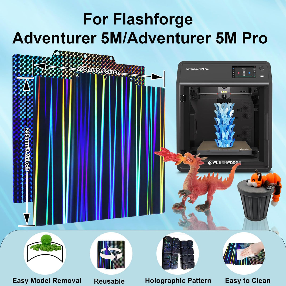 IdeaFormer-3D H1H Build Plate for Flashforge Adventurer 5M/5M Pro Print Bed, Light Beam+Phantom H1H Spring Steel Sheet Flexible H1H Print Bed for Flashforge Adventurer 3D Printers Platform 235x235mm IdeaFormer-3D