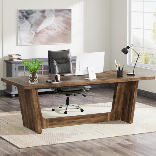 Tribesigns 70.87-Inch Executive Computer Desk: Large Home Office Desk with Solid Wooden Pedestal, Industrial Wood Study Writing Table, Workstation Business Furniture, Brown - WoodArtSupply