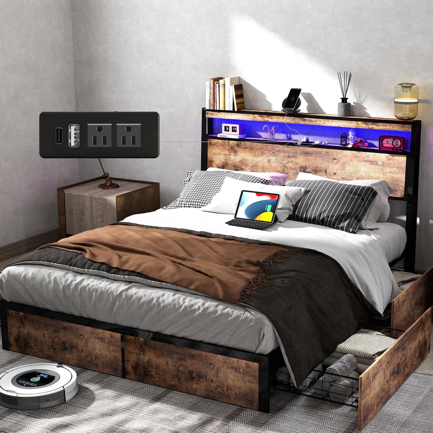 Anyhave Full Size Bed Frame with 4 Storage Drawers and Headboard with Charging Station and LED Lights,2 Tier Solid Wood Headboard Storage,Noise Free,