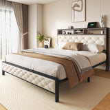 YITAHOME Queen Size Bed Frame, Platform Bed Frame with Charging Station, Upholstered Storage Headboard & Footboard Metal Slats Supports Mattress Foundation, No Box Spring Needed, Beige(No Drawers) YITAHOME
