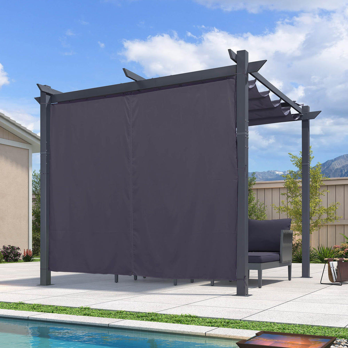 PURPLE LEAF 10' x 10' Pergola with Curtains Outdoor Retractable Pergola Patio Metal Shelter for Garden Porch Pavilion Dark Gray Frame Gazebo Modern Yard Grill Pergolas with Shade Canopy Navy Blue PURPLE LEAF