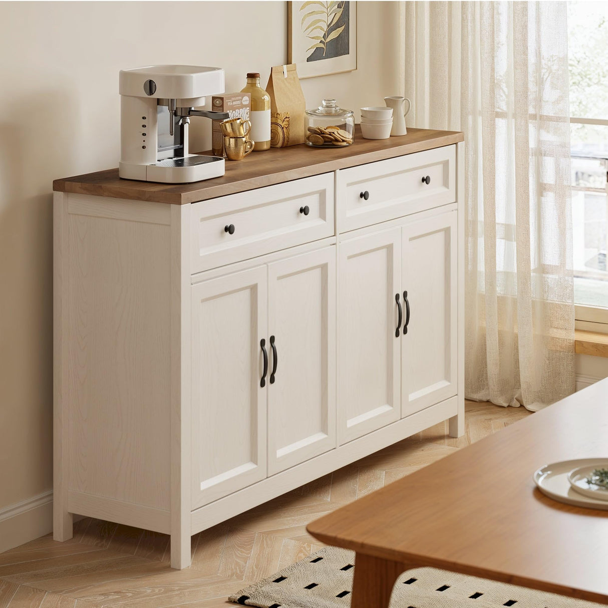 Gizoon Farmhouse Kitchen Sideboard Buffet Cabinet with Storage, Wood Coffee Bar and Storage Sideboard with Drawers and Doors for Kitchen, Dining Room, 15.7" D x 55.1" W x 35.3" H, White/Rustic Brown Gizoon