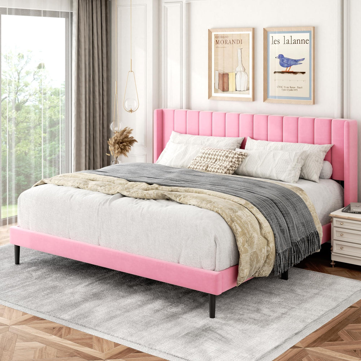 Gruwans Upholstered Bed Frame King with Wingback Headboard/No Box Spring Needed/Wooden Slat Support/Easy Assemble/Pink Gruwans
