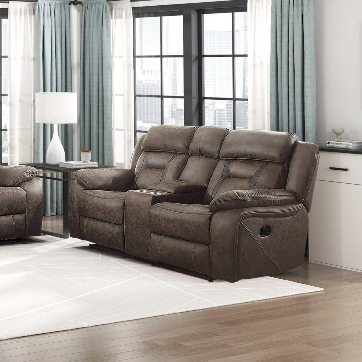 Homelegance Reclining Loveseat, Polished Microfiber Manual Double Recliner Loveseat with Center Console, Dark Brown Homelegance