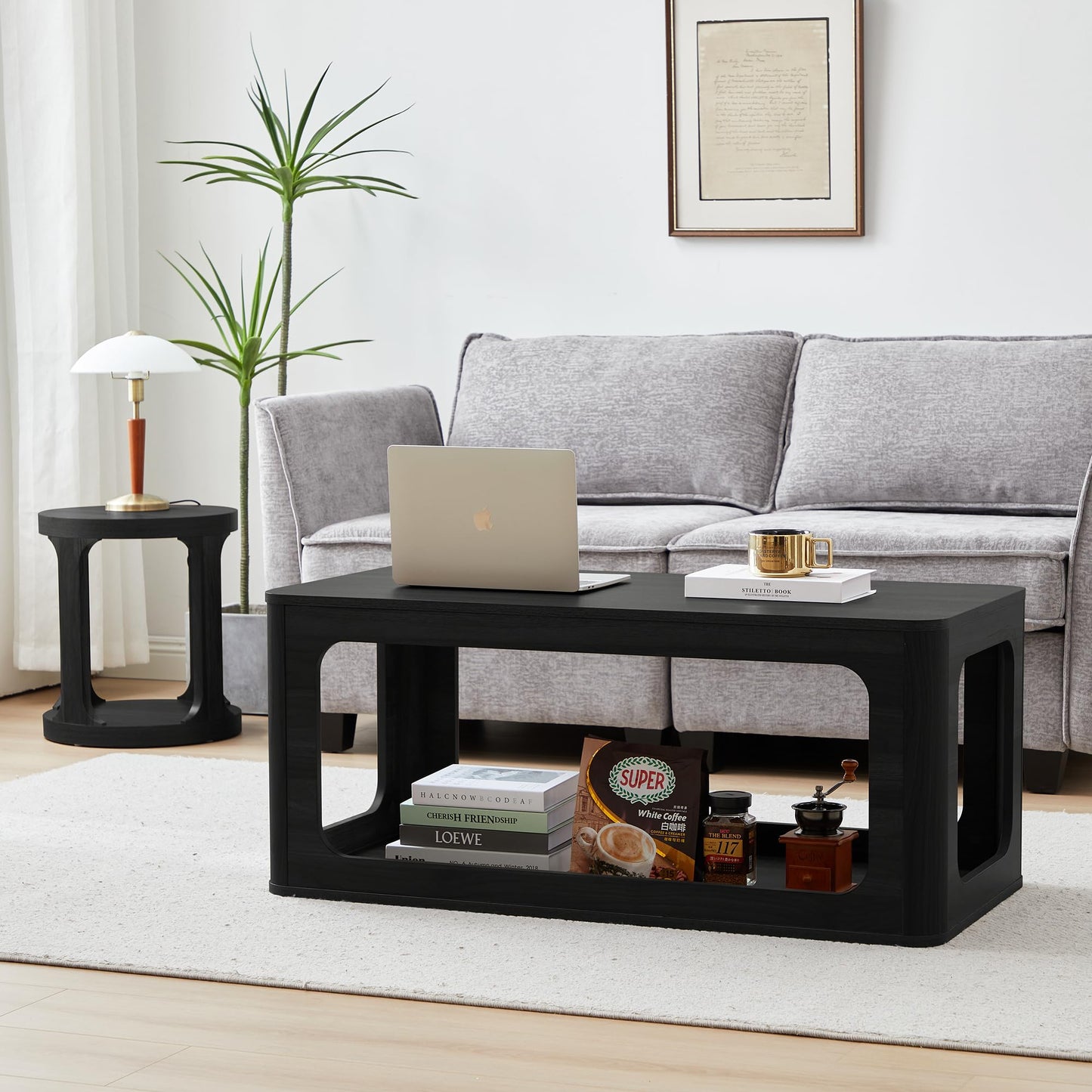 YUCHIATH Coffee Table for Living Room, Farmhouse Coffee Table with 2-Tier Storage, Accent Wood Coffee Table for Living Room (Black)