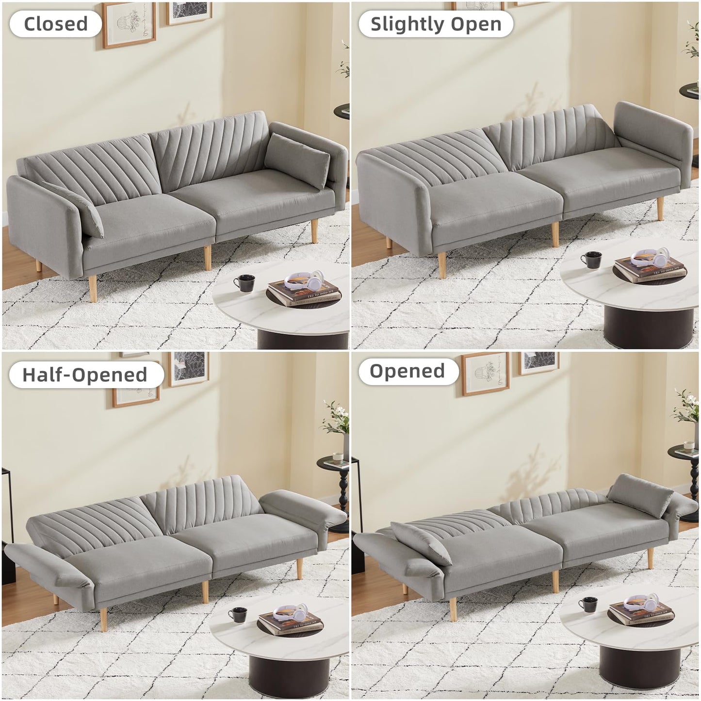 WILLOVE Futon Sofa Bed, 78" Modern Futon Couch, 3 Seater Folding Bed Tufted Couch with Adjustable Backrests and Armrest, Solid Wood Legs for Living Room, Bedroom, Small Room, Light Gray