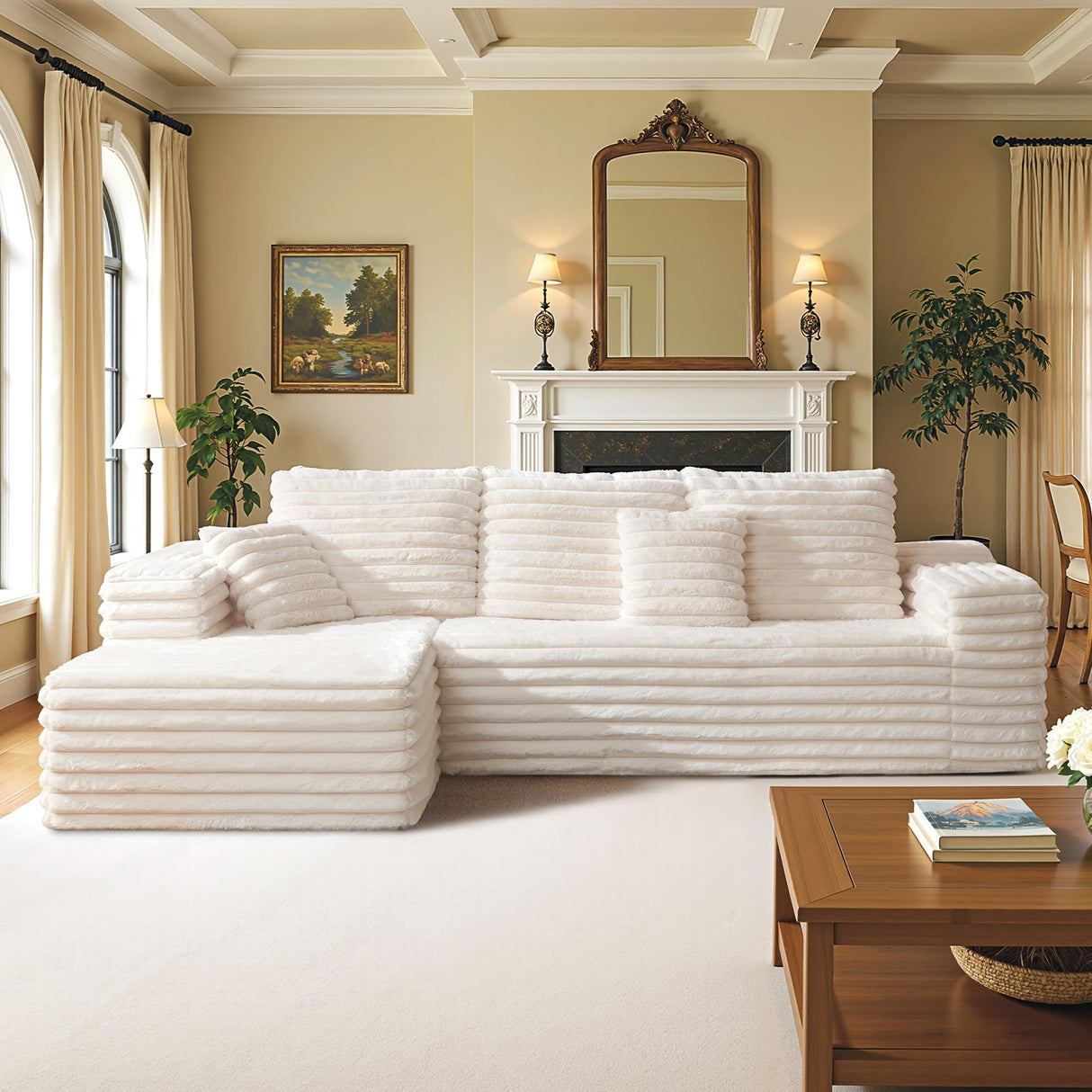 VanAcc 106" Oversized Modular Sectional Sofa, Deep Seat Cloud Couch with Corduroy Upholstery, L Shaped Boneless Sofas, Easy No-Assembly Lounge Couches for Living Room, Cream VanAcc