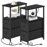 TUTOTAK Small Narrow End Table with Charging Station, Set of 2, Side Table with Outlets, Nightstand with 2 Cloth Drawers, Couch Table, for Living Room, Bedroom, Bedside, Black TB01BK055 TUTOTAK