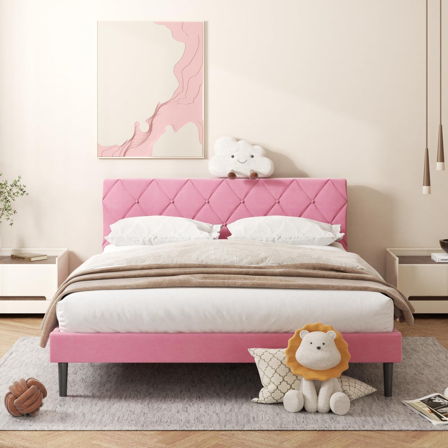 ZIEUNS Queen Size Bed Frame, Upholstered Platform Bed Frame with Button Tufted Velvet Headboard, Mattress Foundation, Wooden Slats Support, No Box Spring Needed, Super Easy Assembly, Pink