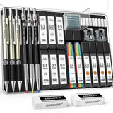 FourCandies 25PCS Art Mechanical Pencil Set with Case, 3PCS Metal Artist Lead Pencil 0.5, 0.7, 0.9 mm & 3PCS 2mm Lead Holder(HB 2H 2B 4B Color) with 432PCS Graphite Lead Refills for Drawing Sketching Four Candies