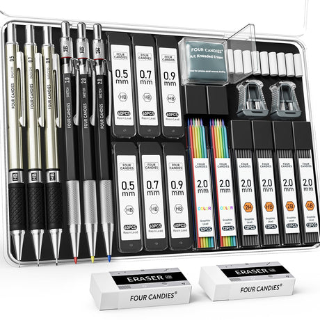 FourCandies 25PCS Art Mechanical Pencil Set with Case, 3PCS Metal Artist Lead Pencil 0.5, 0.7, 0.9 mm & 3PCS 2mm Lead Holder(HB 2H 2B 4B Color) with 432PCS Graphite Lead Refills for Drawing Sketching Four Candies