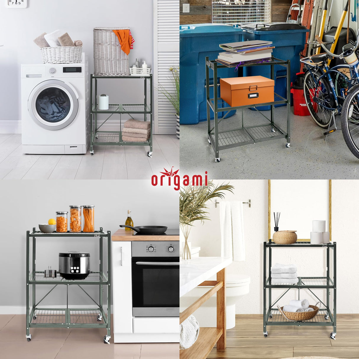 Origami 3 Tier Folding Shelves, Storage Shelving Rack Unit With Wheels, Pewter Origami