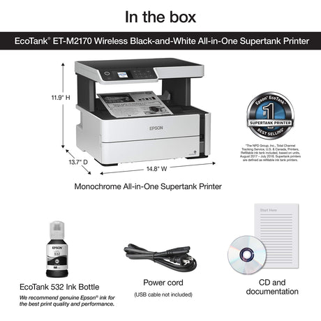 Epson EcoTank ET-M2170 Wireless Monochrome All-in-One Supertank Printer with Ethernet PLUS 2 Years of Unlimited Ink*,White Epson