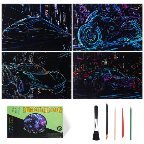 Gersoniel 4pcs Scratch Art Adult Scratch Painting Kits Glow in The Dark Rainbow Painting Paper with Pen & Cleaning Brush Noctilucent Scratchboard for Adults Gift, Racing Theme, Back to School Gifts Gersoniel