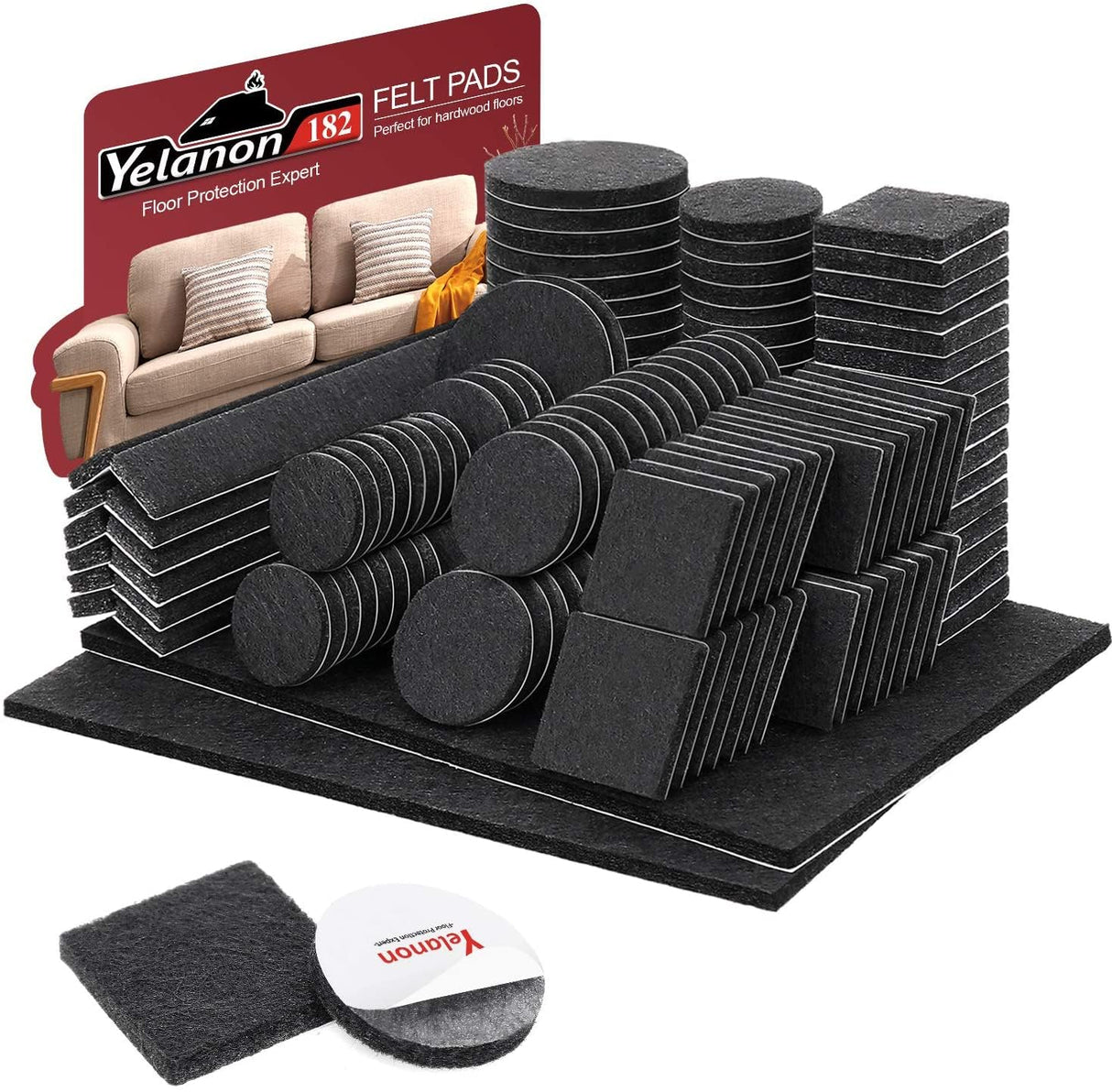 Yelanon Felt Furniture Pads -182 Pcs Premium Felt Pads for Chair Legs Furniture, Floor Protectors for Hardwood Floors, Black Yelanon