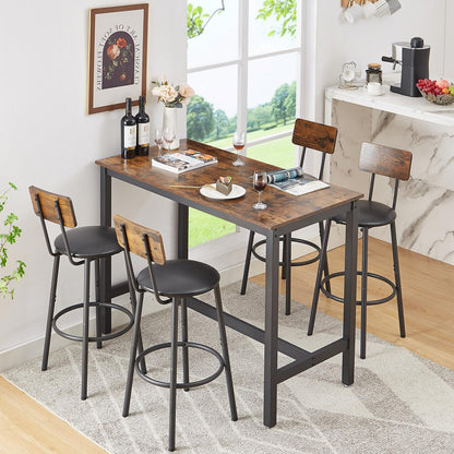 VEPXXP Rustic Brown 5-Piece Counter Height Dining Table Set for 4 with PU Stools - WoodArtSupply