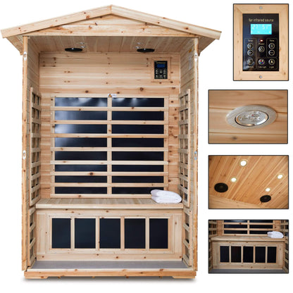 TO'GO 902VS Outdoor Sauna 2 Person, Far Infrared Sauna, Outdoor Saunas for Home, 1750 Watt Low EMF Heating Panel, Bluetooth, LCD, LED, Chromotherapy - Canadian Hemlock Wood - WoodArtSupply