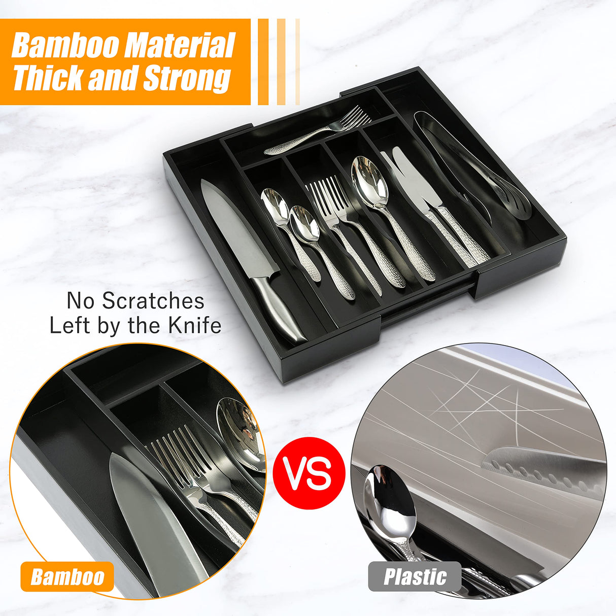 Bellsal Black Silverware Organizer Kitchen Drawer Organizer Expandable Bamboo Utensil Holder Cutlery Tray for Kitchen Utensil and Flatware Bedroom Office Bellsal