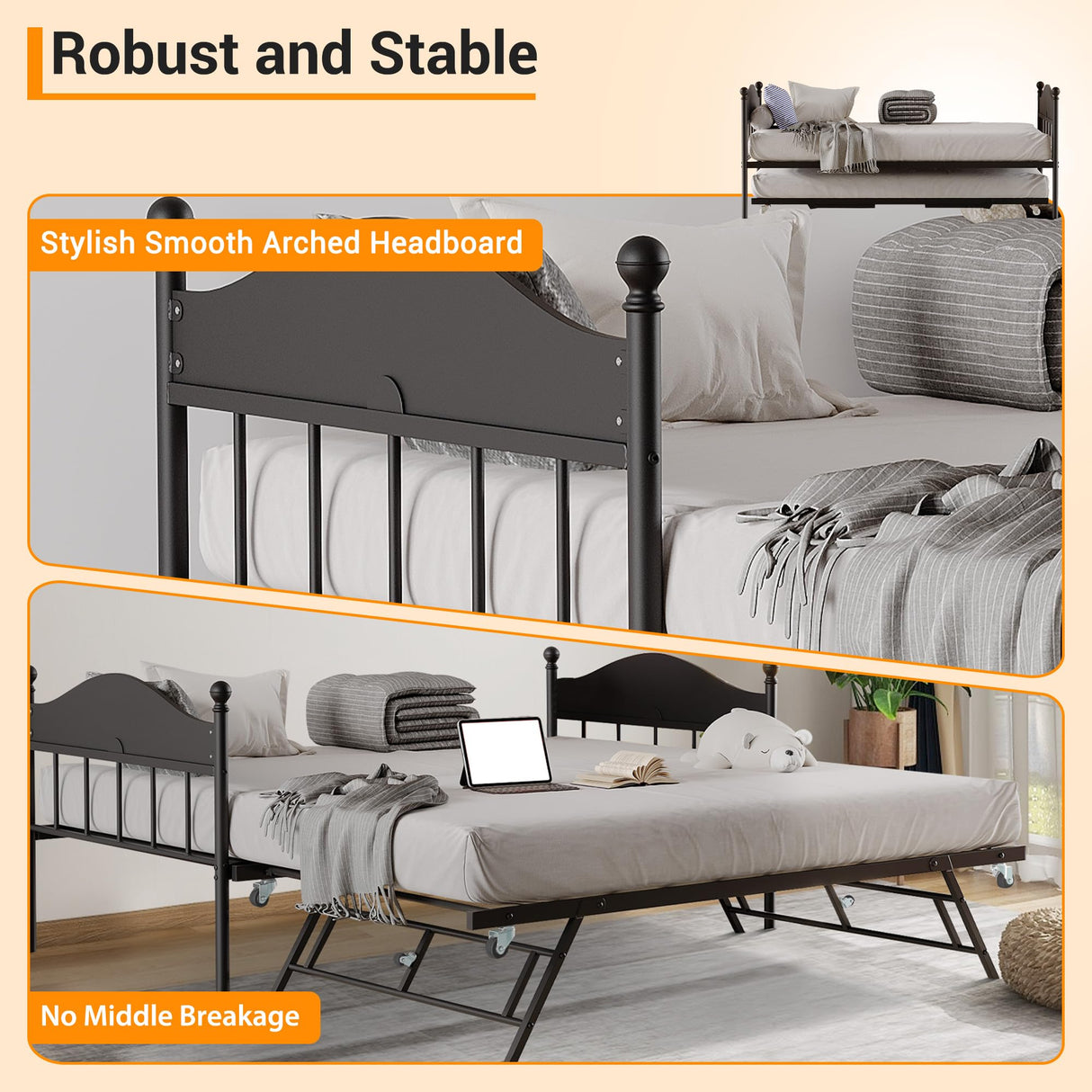 Garvee Twin Daybed with Trundle, Twin Bed Frame with Sturdy Metal Foldable Trundle, Sofa Bed with Stylish Headboard for Living Room, Bedroom and Guest Room, Black Garvee