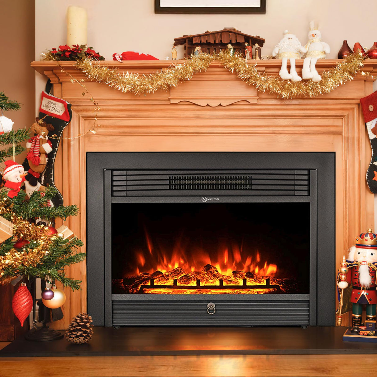 YODOLLA 28.5" Electric Fireplace Insert, Wall Recessed/Mounted, Freestanding Fireplace with Remote Control, 3 Color Adjustable Flames, 2 Modes Heat, 8 H Timer, 5 Brightness Settings, 750/1500W Heater YODOLLA