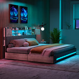 CSZZD Full Bed Frame with 4 Storage Drawers, Bookcase Headboard & USB Charging Station, Upholstered Metal Platform Bed in Oak Gray CSZZD