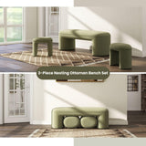 ChicAura 3-Piece Nesting Ottoman Bench Set，53" Long Upholstered End of Bed Bench with 2 15" Foot Stools Chenille Modern Arched Bench Comfy Entry Bench Vanity Stools for Living Room Bedroom, Green ChicAura