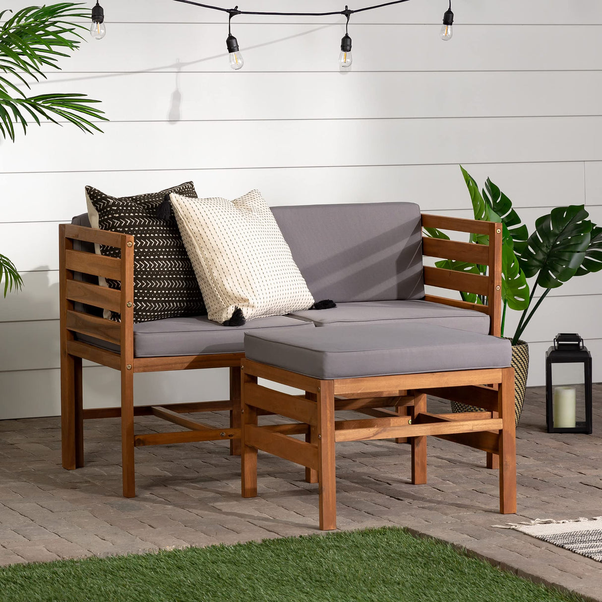 Walker Edison Ravello Contemporary 3 Piece Acacia Wood Outdoor Modular Chat Set with Cushions, Set of 3, Brown Walker Edison