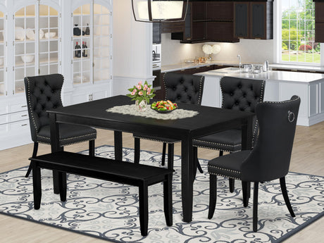 East West Furniture DUDA6-BLK-12 6 Piece Dining Table Set Contains a Rectangle Solid Wood Table and 4 Upholstered Chairs with a Bench, 36x60 Inch, Black East West Furniture