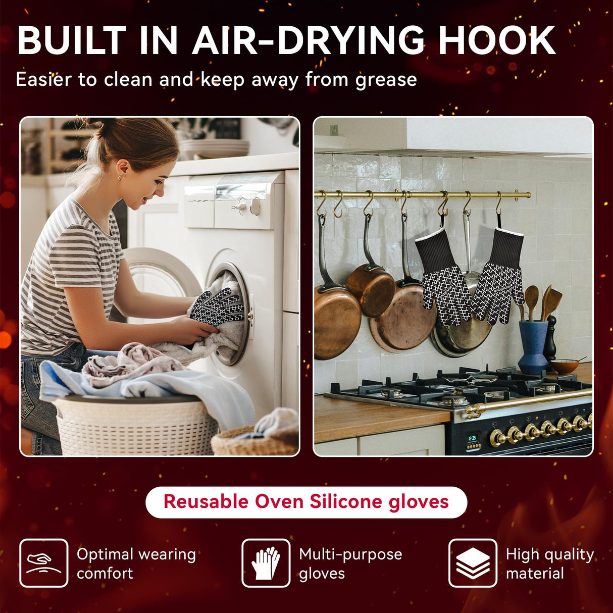 HandLove BBQ Gloves - Heat Resistant Grilling, Oven Gloves for Culinary Experts - Extreme Fireproof Protection, Silicone Grip, Long Cuff Mitts - Kitchen & Outdoor Barbecue, Cooking, Baking, Black, L HandLove