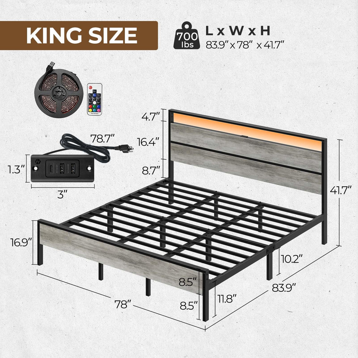 Rolanstar King Bed Frame with Headboard, Bed Frame King with LED Lights, Camas King Size Bed with Charging Station, Solid Metal Slats, Noise Free, No Box Spring Needed, Grey Rolanstar