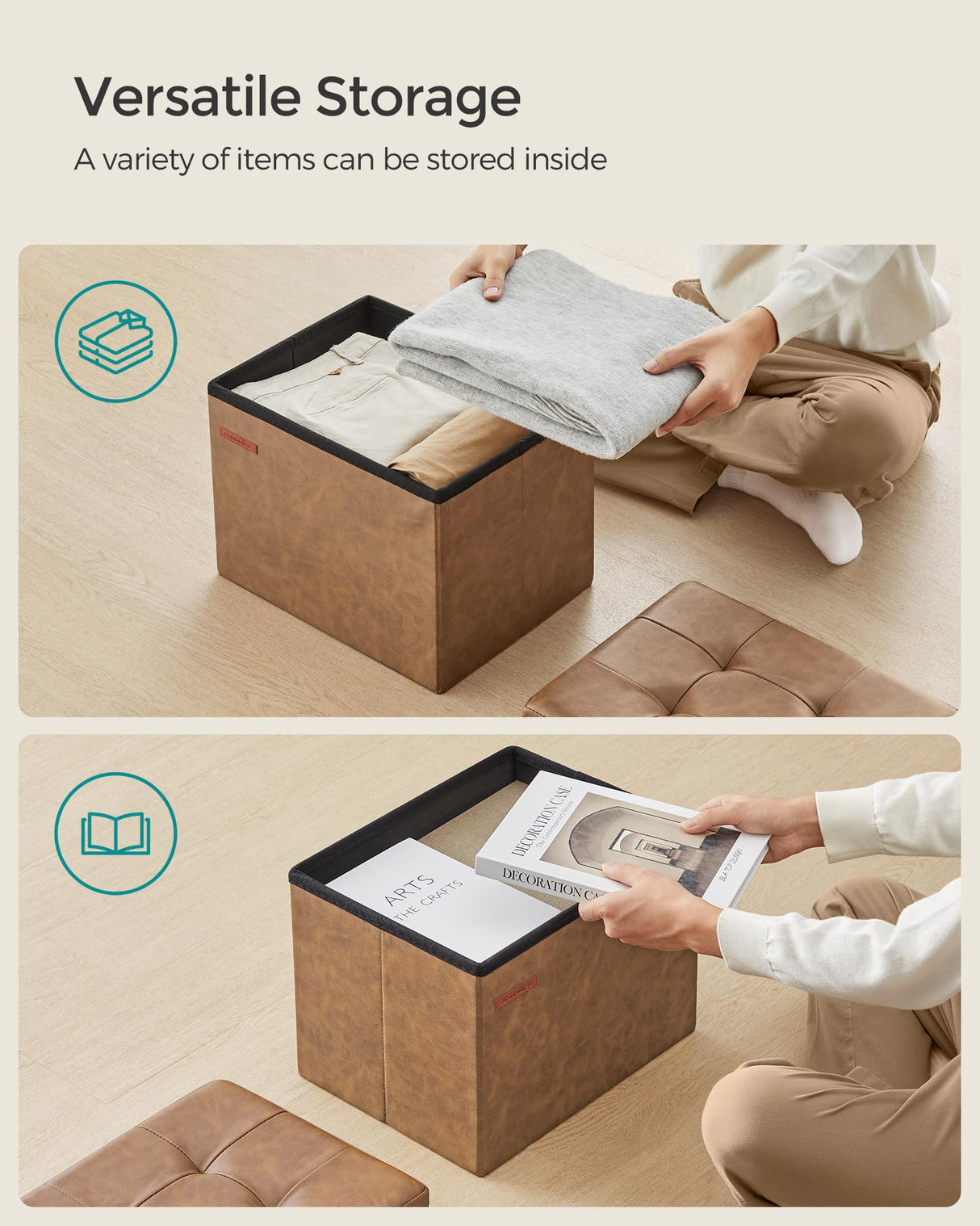 SONGMICS Small Folding Storage Ottoman, Foot Rest Stool, Cube Footrest, Synthetic Leather, 12.2 x 16.1 x 12.2 Inches, 286 lb Capacity, for Living Room, Bedroom, Dorm, Coffee Brown ULSF100K01 SONGMICS