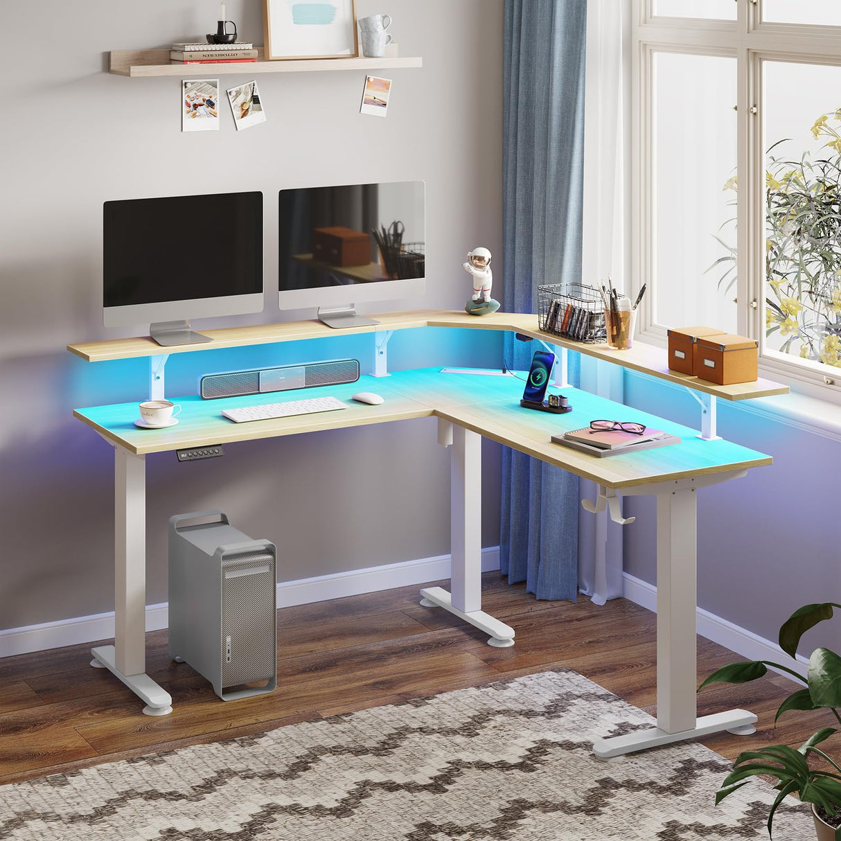 Rolanstar Standing Desk L Shaped with LED Light and Power Outlet, Electric Height Adjustable Computer Office Desk Sit Stand Up with Monitor Stand, Beige Rolanstar
