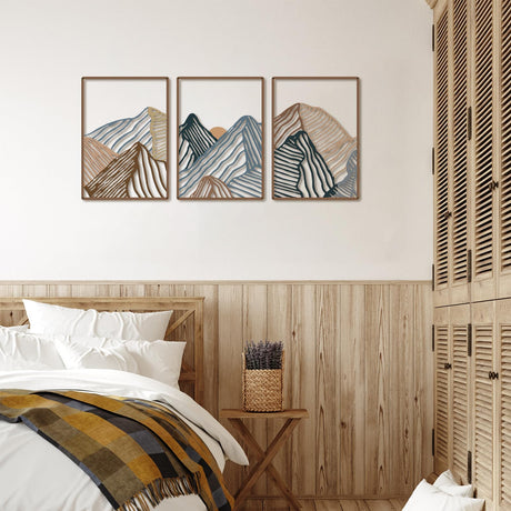 Peryiter 3 Pcs Mountain Metal Wall Art Mountain Line Wall Decor Abstract Minimalist Rustic Nature Decor for Home Bathroom Living Room(Vibrant Colors) Peryiter